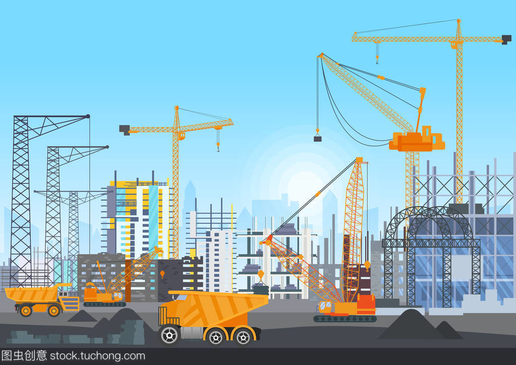 城市天際線建筑物建設施工用塔式起重機。房屋和建筑機械的建設工作進程。矢量圖