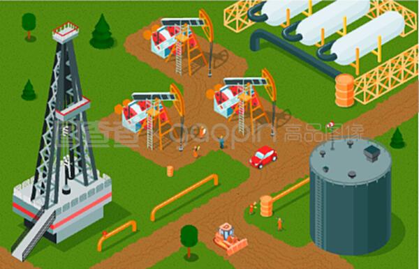 等距石油工業(yè)水平組成與石油生產(chǎn)設(shè)施儲存和工廠建筑泵千斤頂矢量插圖